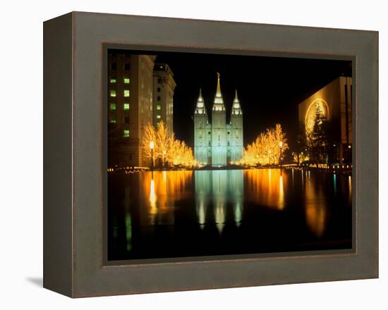 Historic Temple and Square in Salt Lake City at night, during 2002 Winter Olympics, UT-null-Framed Premier Image Canvas