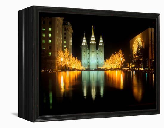 Historic Temple and Square in Salt Lake City at night, during 2002 Winter Olympics, UT-null-Framed Premier Image Canvas