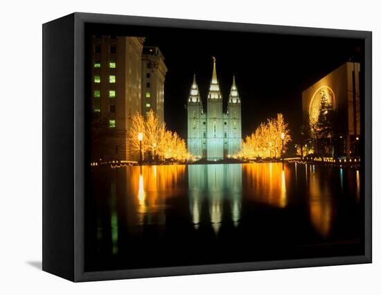 Historic Temple and Square in Salt Lake City at night, during 2002 Winter Olympics, UT-null-Framed Premier Image Canvas