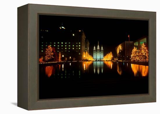 Historic Temple and Square in Salt Lake City at night, during 2002 Winter Olympics, UT-null-Framed Premier Image Canvas