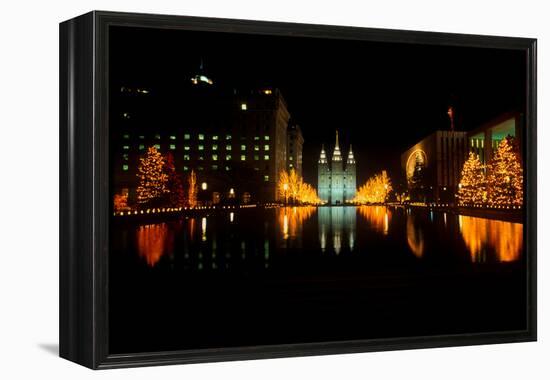 Historic Temple and Square in Salt Lake City at night, during 2002 Winter Olympics, UT-null-Framed Premier Image Canvas