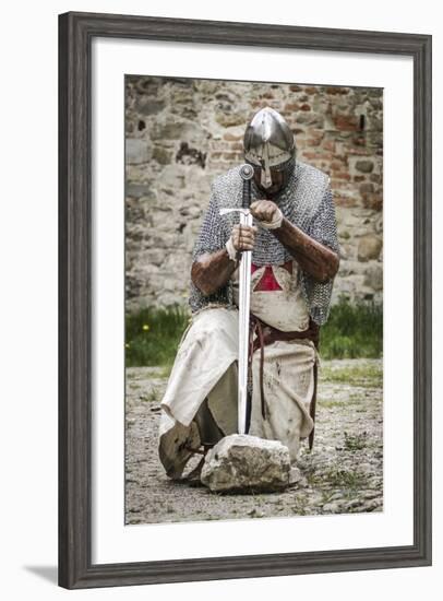 Historical Reenactment: Templar Knight Kneeling in Prayer, 13th-14th Century-null-Framed Photographic Print