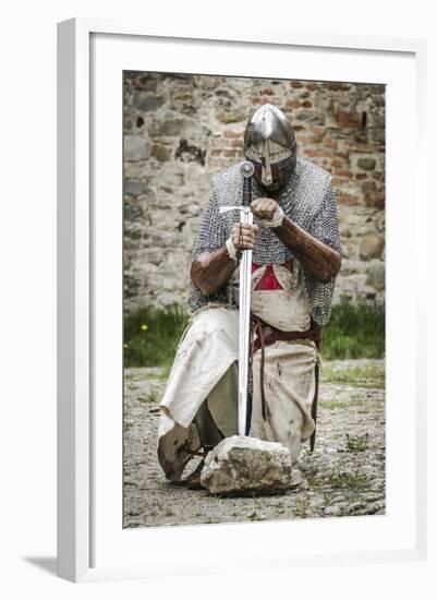 Historical Reenactment: Templar Knight Kneeling in Prayer, 13th-14th Century-null-Framed Photographic Print