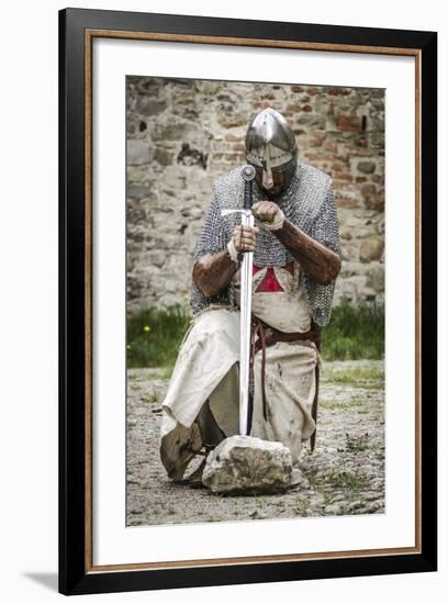 Historical Reenactment: Templar Knight Kneeling in Prayer, 13th-14th Century-null-Framed Photographic Print