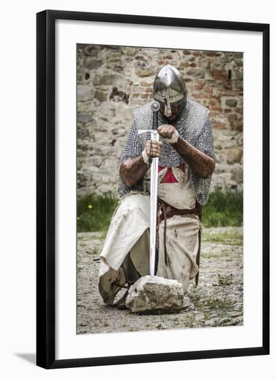 Historical Reenactment: Templar Knight Kneeling in Prayer, 13th-14th Century-null-Framed Photographic Print