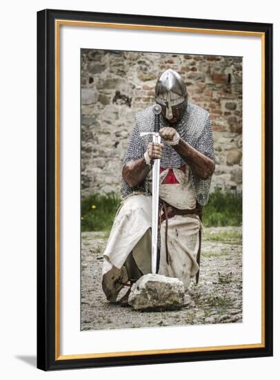 Historical Reenactment: Templar Knight Kneeling in Prayer, 13th-14th Century-null-Framed Photographic Print