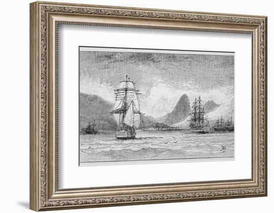 Hms "Beagle" the Ship in Which Charles Darwin Sailed Approaching Mauritius-R.t. Pritchett-Framed Photographic Print