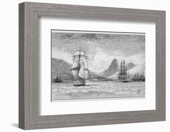 Hms "Beagle" the Ship in Which Charles Darwin Sailed Approaching Mauritius-R.t. Pritchett-Framed Photographic Print