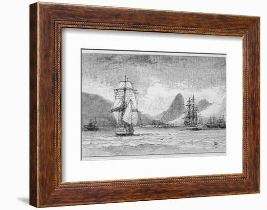 Hms "Beagle" the Ship in Which Charles Darwin Sailed Approaching Mauritius-R.t. Pritchett-Framed Photographic Print