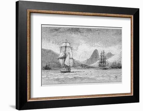 Hms "Beagle" the Ship in Which Charles Darwin Sailed Approaching Mauritius-R.t. Pritchett-Framed Photographic Print