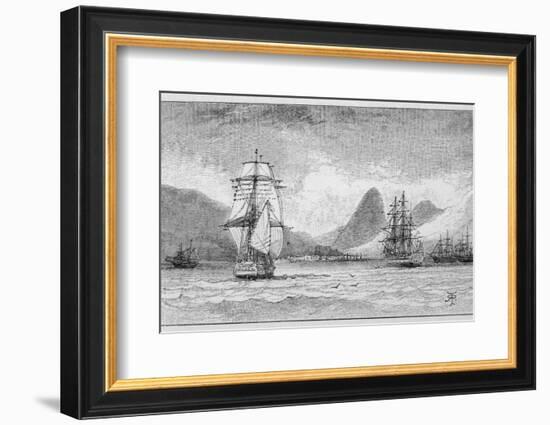 Hms "Beagle" the Ship in Which Charles Darwin Sailed Approaching Mauritius-R.t. Pritchett-Framed Photographic Print