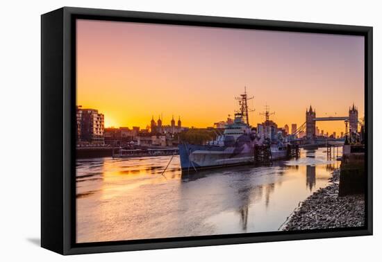 HMS Belfast and Tower Bridge at sunrise with a low tide on the River Thames, London-Ed Hasler-Framed Premier Image Canvas