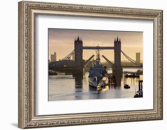 HMS Belfast is framed by Tower Bridge with deck raised, London-Charles Bowman-Framed Photographic Print