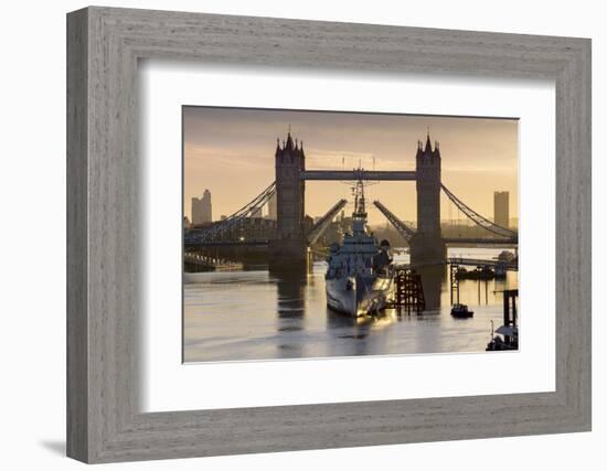 HMS Belfast is framed by Tower Bridge with deck raised, London-Charles Bowman-Framed Photographic Print