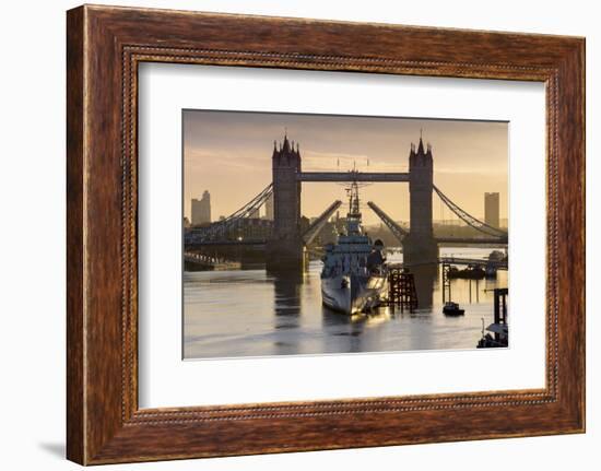 HMS Belfast is framed by Tower Bridge with deck raised, London-Charles Bowman-Framed Photographic Print