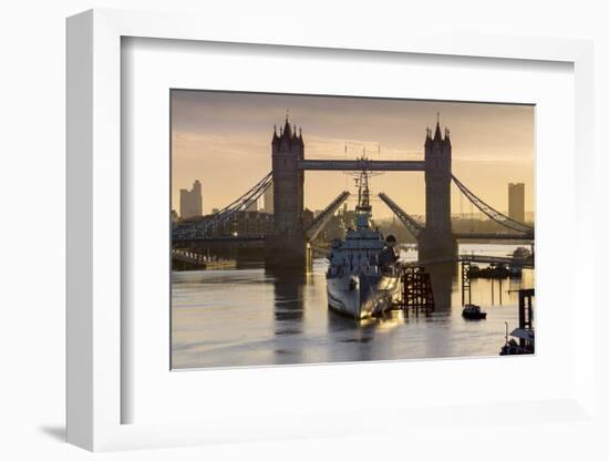 HMS Belfast is framed by Tower Bridge with deck raised, London-Charles Bowman-Framed Photographic Print