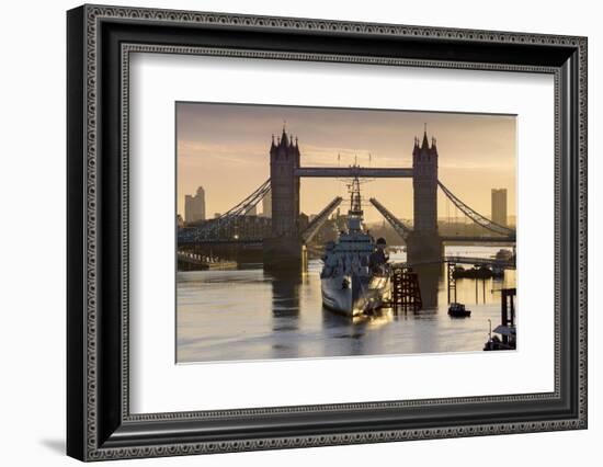 HMS Belfast is framed by Tower Bridge with deck raised, London-Charles Bowman-Framed Photographic Print