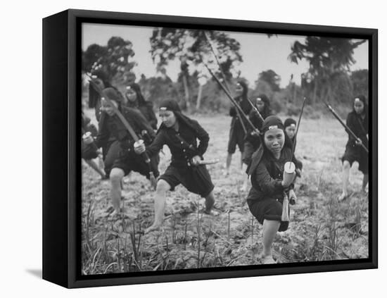 Hoa Hao Women's Troops Training for Jungle War with Sabers, in French Indo China-null-Framed Premier Image Canvas