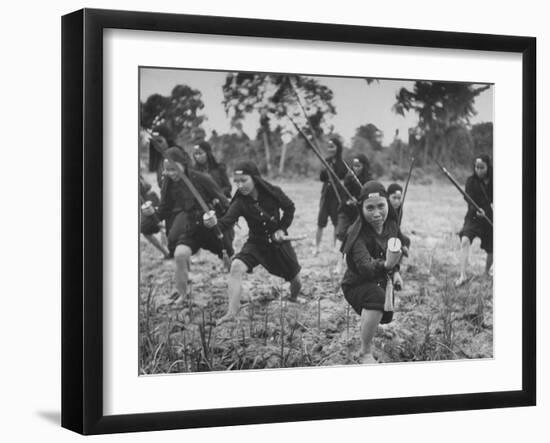 Hoa Hao Women's Troops Training for Jungle War with Sabers, in French Indo China-null-Framed Photographic Print