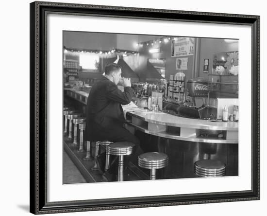 Hockey Great Jean Beliveau at a Diner in Montreal-Yale Joel-Framed Premium Photographic Print