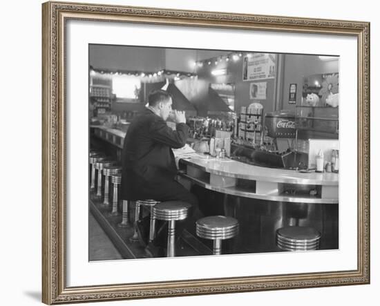 Hockey Great Jean Beliveau at a Diner in Montreal-Yale Joel-Framed Premium Photographic Print