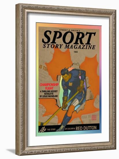 Hockey Player Skating Through Hole in Newspaper Headlines, c.1943-null-Framed Art Print