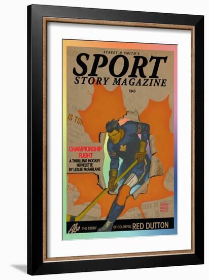 Hockey Player Skating Through Hole in Newspaper Headlines, c.1943-null-Framed Art Print