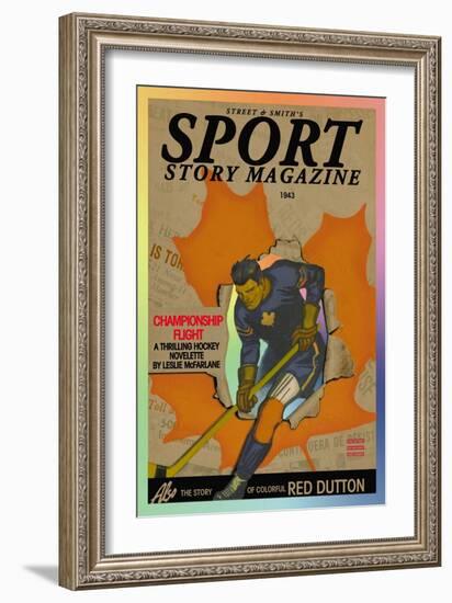 Hockey Player Skating Through Hole in Newspaper Headlines, c.1943-null-Framed Art Print