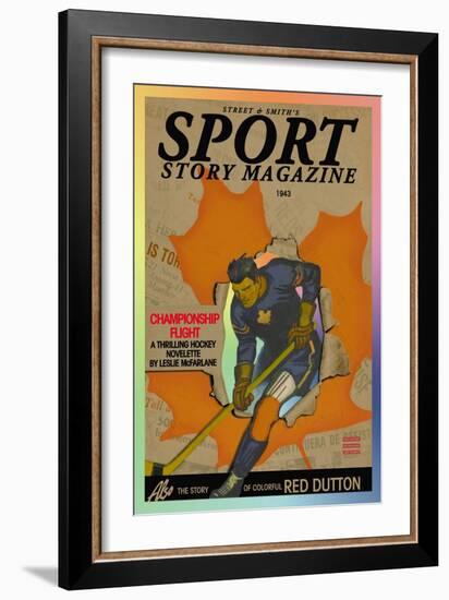 Hockey Player Skating Through Hole in Newspaper Headlines, c.1943-null-Framed Art Print