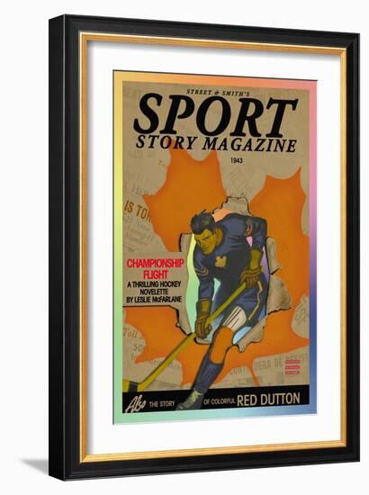 Hockey Player Skating Through Hole in Newspaper Headlines, c.1943-null-Framed Art Print