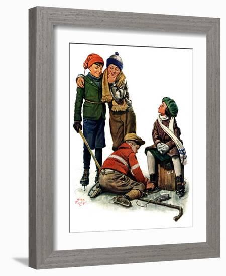 "Hockey Waits, Tying Skates,"December 17, 1927-Alan Foster-Framed Giclee Print