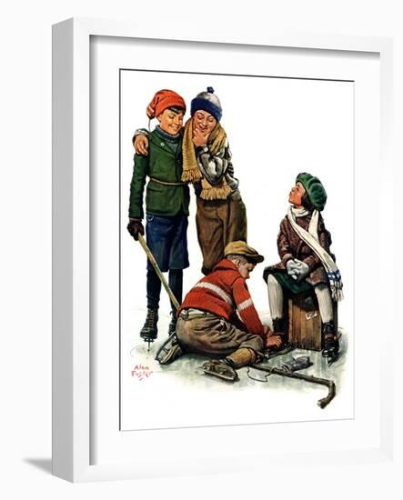 "Hockey Waits, Tying Skates,"December 17, 1927-Alan Foster-Framed Giclee Print