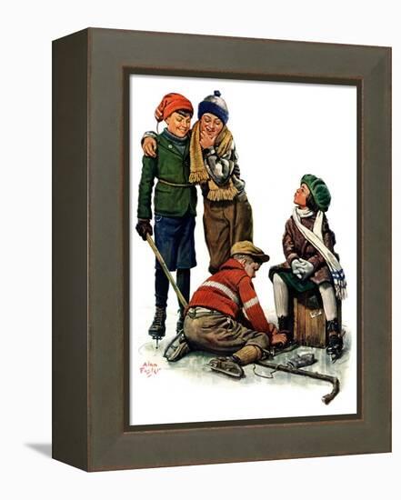 "Hockey Waits, Tying Skates,"December 17, 1927-Alan Foster-Framed Premier Image Canvas