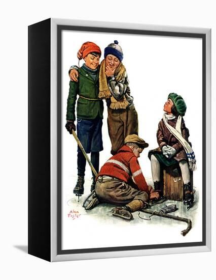 "Hockey Waits, Tying Skates,"December 17, 1927-Alan Foster-Framed Premier Image Canvas