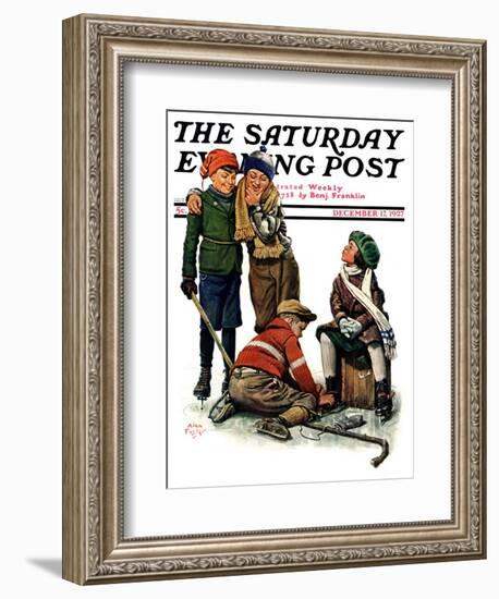 "Hockey Waits, Tying Skates," Saturday Evening Post Cover, December 17, 1927-Alan Foster-Framed Giclee Print