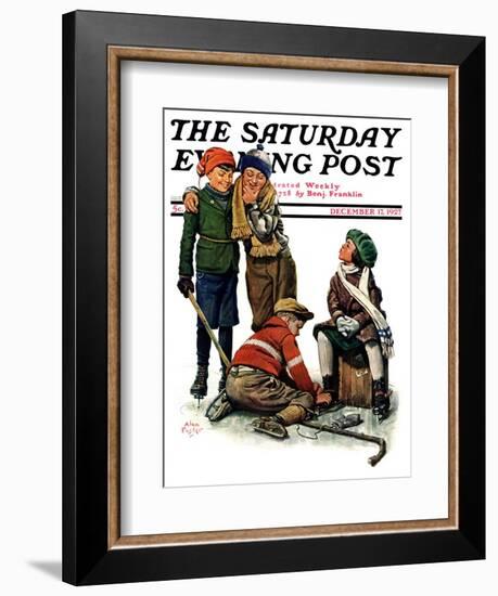 "Hockey Waits, Tying Skates," Saturday Evening Post Cover, December 17, 1927-Alan Foster-Framed Giclee Print