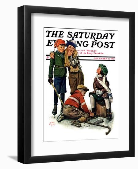 "Hockey Waits, Tying Skates," Saturday Evening Post Cover, December 17, 1927-Alan Foster-Framed Giclee Print