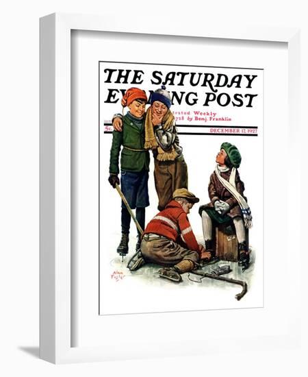 "Hockey Waits, Tying Skates," Saturday Evening Post Cover, December 17, 1927-Alan Foster-Framed Giclee Print