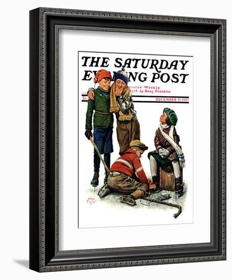 "Hockey Waits, Tying Skates," Saturday Evening Post Cover, December 17, 1927-Alan Foster-Framed Giclee Print