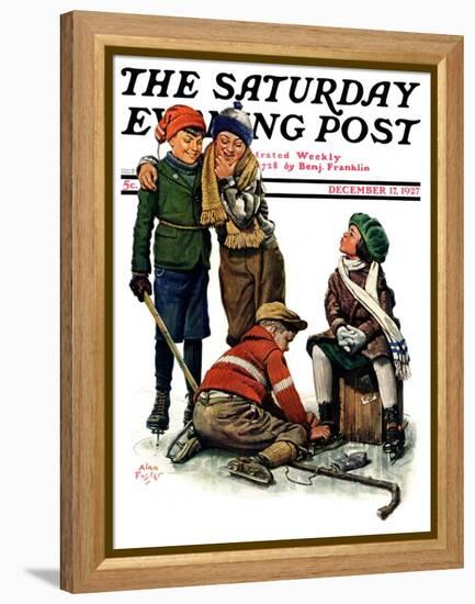 "Hockey Waits, Tying Skates," Saturday Evening Post Cover, December 17, 1927-Alan Foster-Framed Premier Image Canvas