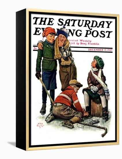 "Hockey Waits, Tying Skates," Saturday Evening Post Cover, December 17, 1927-Alan Foster-Framed Premier Image Canvas