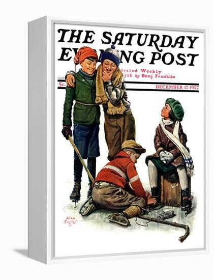 "Hockey Waits, Tying Skates," Saturday Evening Post Cover, December 17, 1927-Alan Foster-Framed Premier Image Canvas