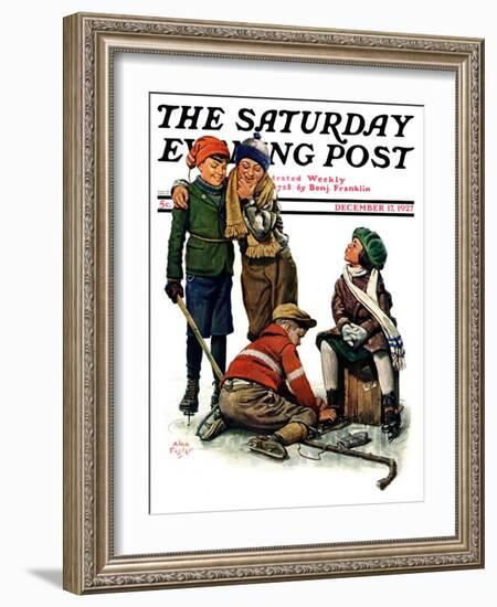 "Hockey Waits, Tying Skates," Saturday Evening Post Cover, December 17, 1927-Alan Foster-Framed Giclee Print