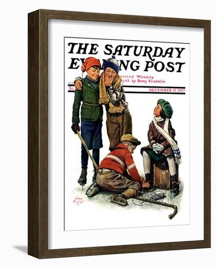 "Hockey Waits, Tying Skates," Saturday Evening Post Cover, December 17, 1927-Alan Foster-Framed Giclee Print