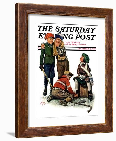 "Hockey Waits, Tying Skates," Saturday Evening Post Cover, December 17, 1927-Alan Foster-Framed Giclee Print