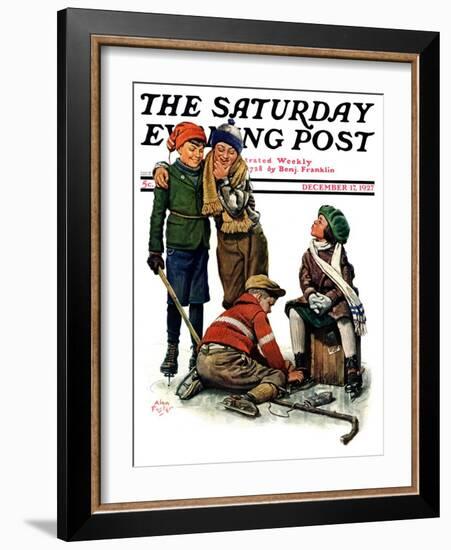 "Hockey Waits, Tying Skates," Saturday Evening Post Cover, December 17, 1927-Alan Foster-Framed Giclee Print