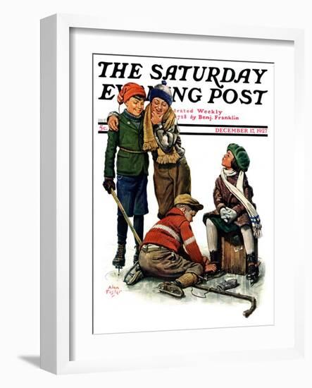 "Hockey Waits, Tying Skates," Saturday Evening Post Cover, December 17, 1927-Alan Foster-Framed Giclee Print