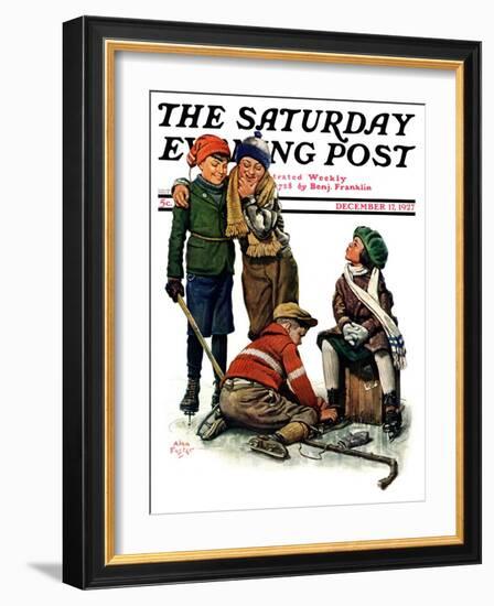 "Hockey Waits, Tying Skates," Saturday Evening Post Cover, December 17, 1927-Alan Foster-Framed Giclee Print