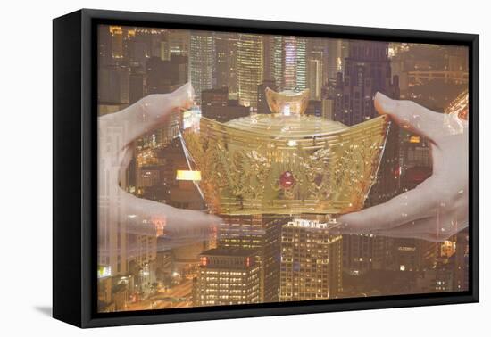 Holding Chinese New Year Gold Ingot, Night City View-XiXinXing-Framed Premier Image Canvas