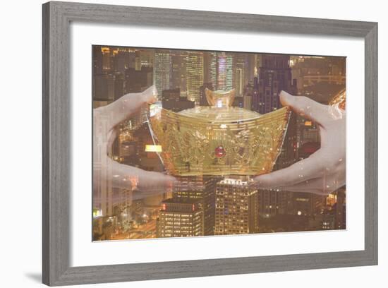 Holding Chinese New Year Gold Ingot, Night City View-XiXinXing-Framed Photographic Print